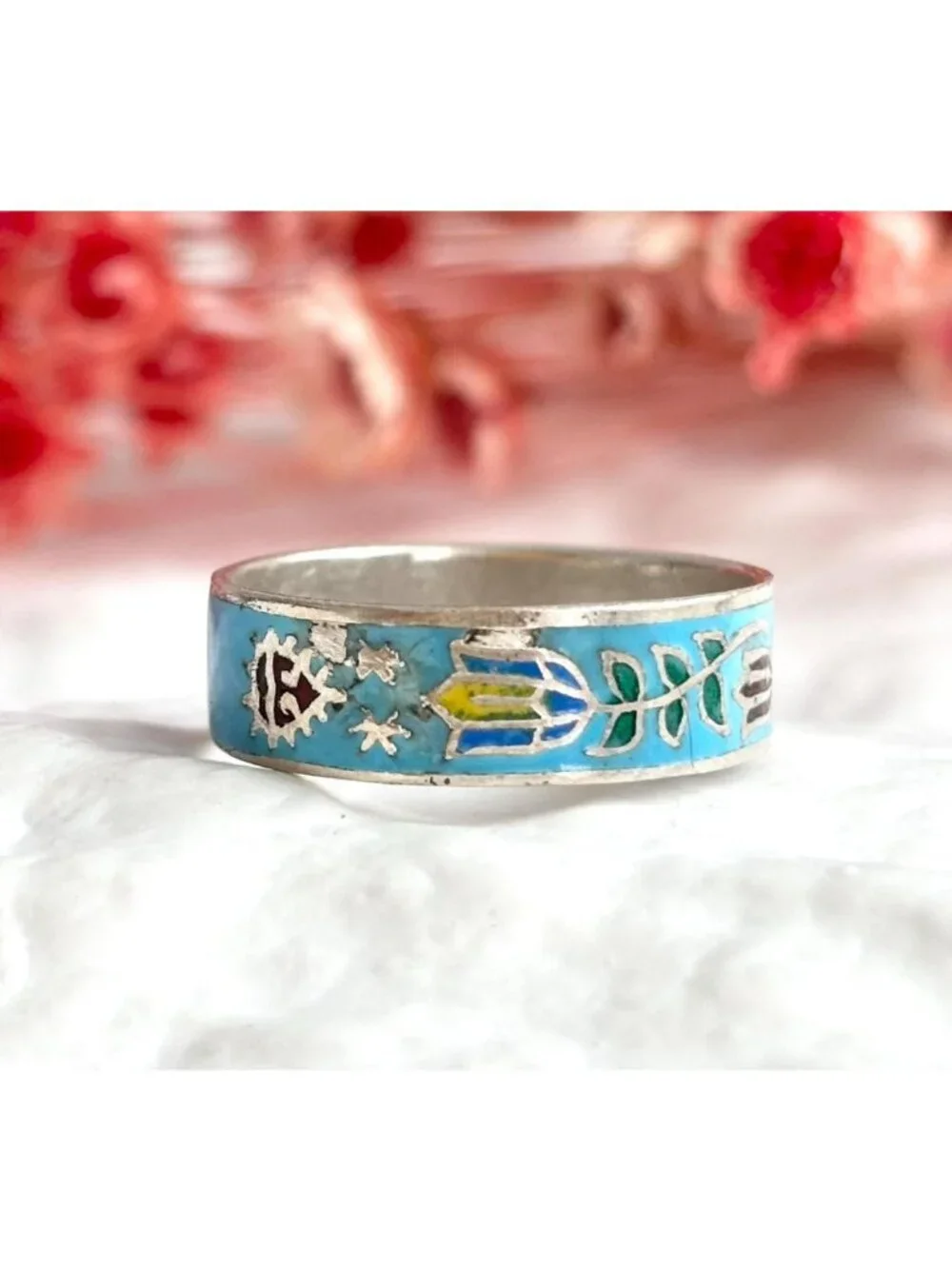 Cloissone Enameled Floral Thailand Made Sterling Silver 925 Vintage Ring - sz 7